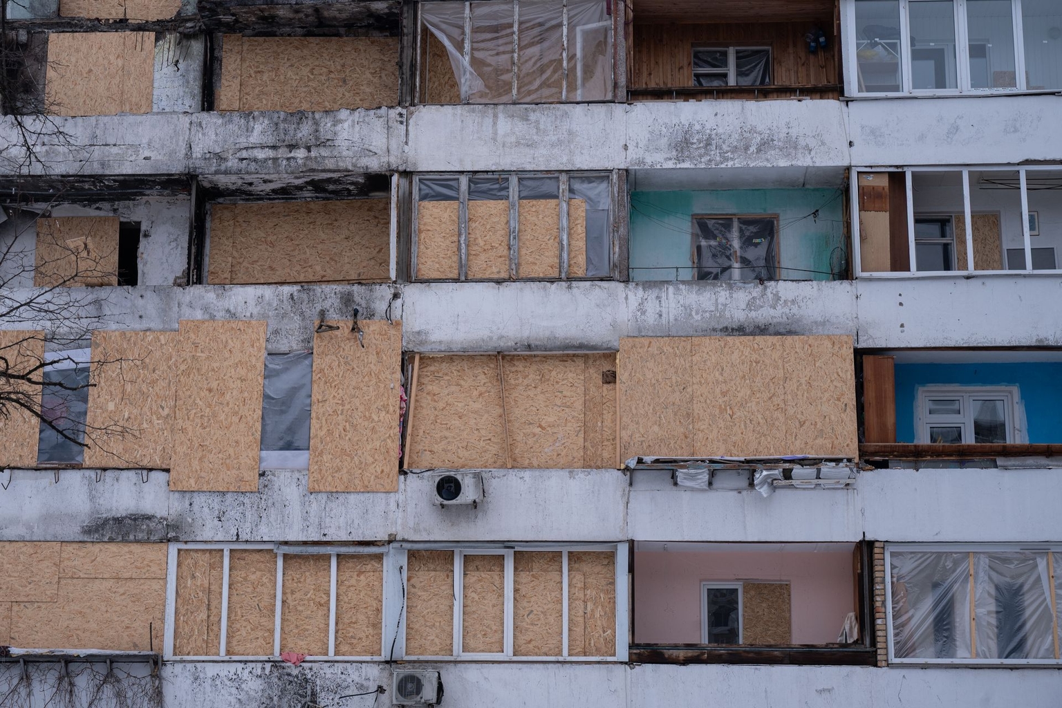 A residential building damaged in a Russian drone strike on Nov. 25, 2025, is seen in Kyiv, Ukraine, on Jan. 27, 2026.