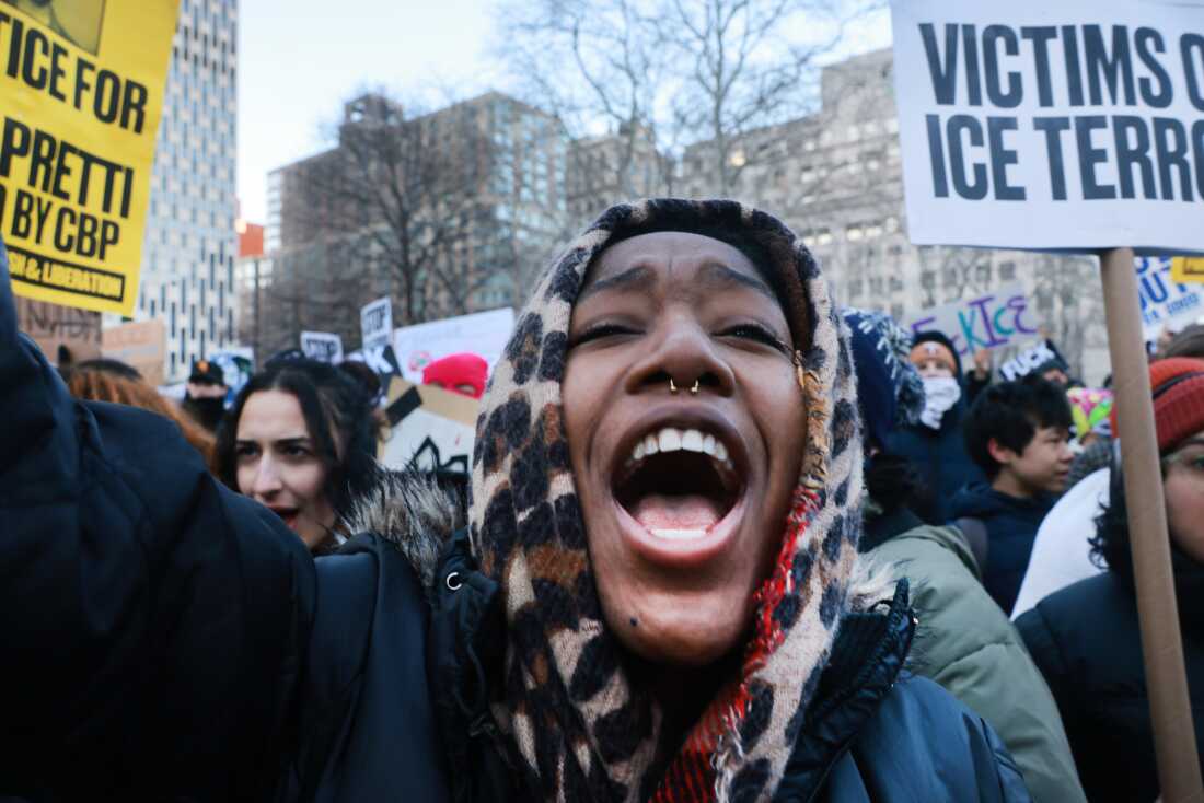Hundreds of people, including students, attend a rally in lower Manhattan as part of a 'National Shutdown" event against ICE on Friday in New York City.