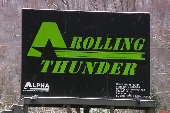 In this image taken from a video provided by WCHS, a sign for the Rolling Thunder mine is seen near Drennen, W.Va., Sunday, Nov. 9, 2025. (WCHS via AP)