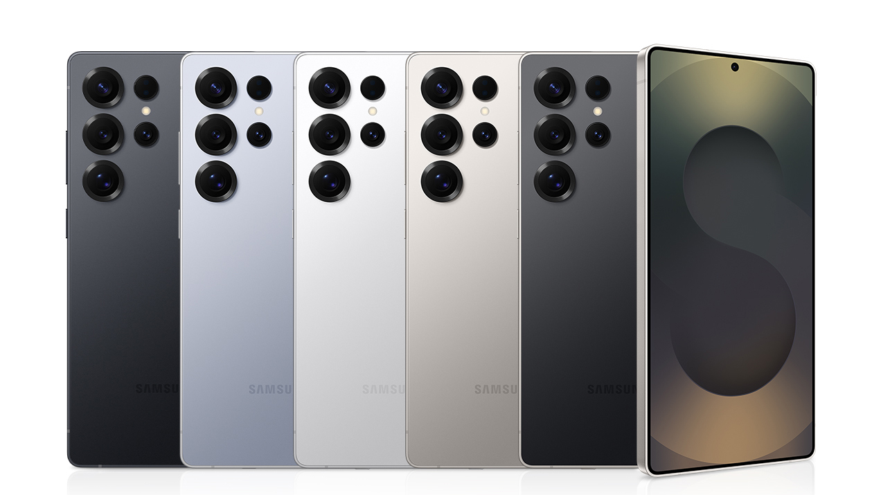 A lineup of Samsung Galaxy S25 Ultra smartphones in various colors, showcasing multiple cameras on the back and a sleek design