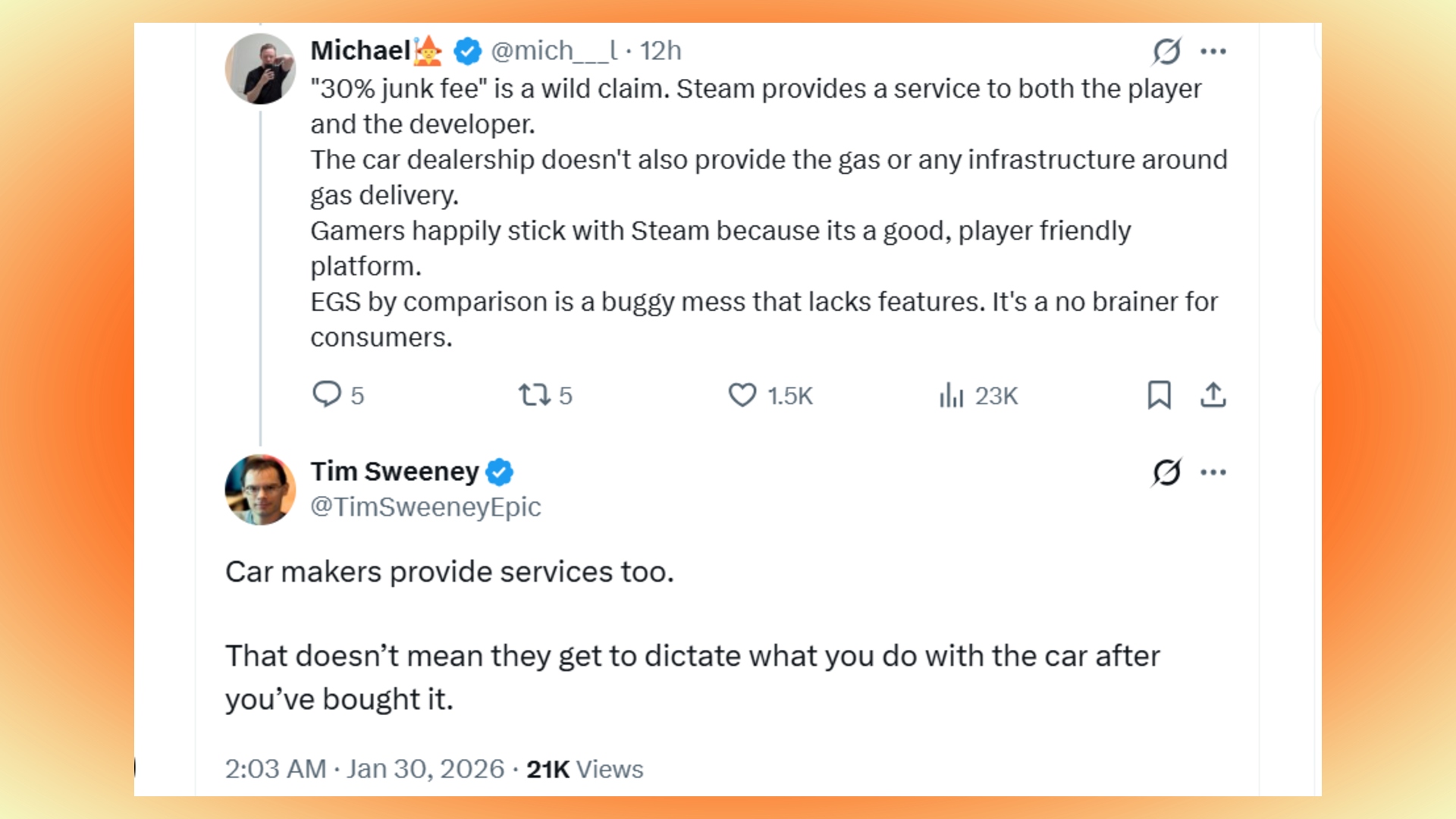 epic-tim-sweeney-valve-steam-criticism Epic Games: An exchange on X between Tim Sweeney and a social media user