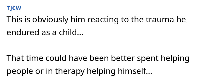 Comment text discussing trauma and therapy, related to Little Rascals star turned Catholic extremist living off the grid.
