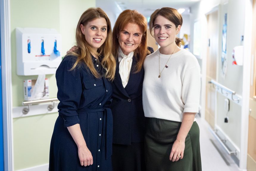 Sarah Ferguson pictured with her daughters Princess Beatrice and Princess Eugenie during a visit to the Teenage Cancer Trust unit at University College Hospital, London in 2025.