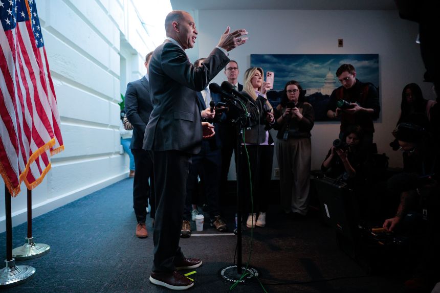House Minority Leader Hakeem Jeffries talks to reporters at the US Capitol on January 30.