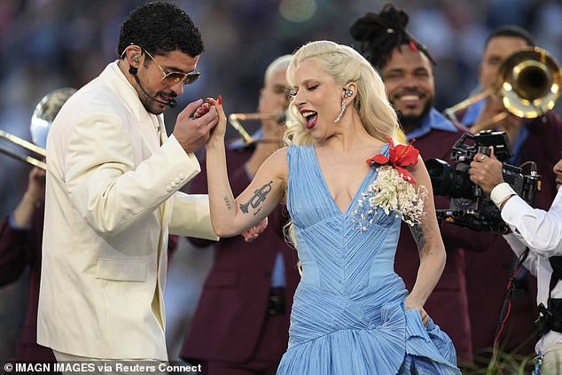 Bad Bunny and Gaga salsa danced together during Die With A Smile, which she released in 2024 as a collaborative single with Bruno Mars