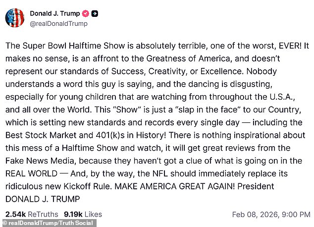 Trump scathing Truth Social post in full where he called the Bad Bunny show 'absolutely terrible'