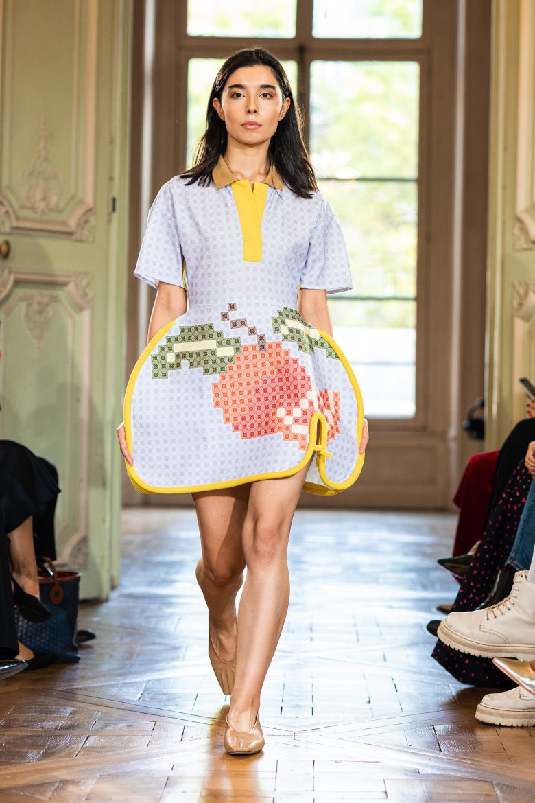 A pixel dress featuring tatreez in Reemami's Spring-Summer 2024 show.