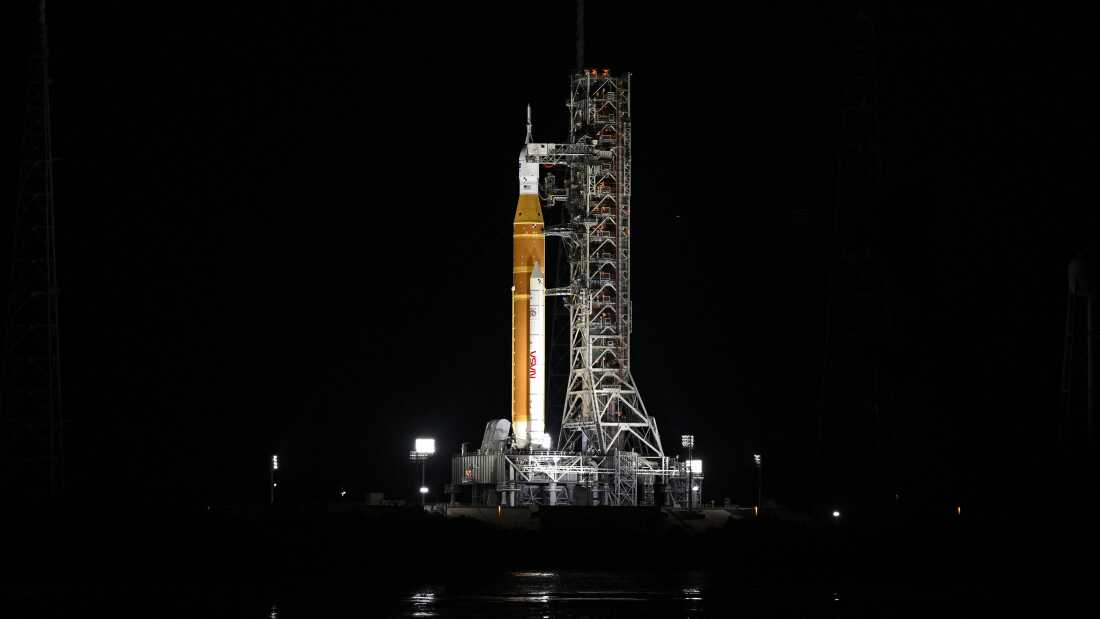 The Space Launch System (SLS) rocket and the Orion spacecraft are seen at the Kennedy Space Center in Cape Canaveral, Fla., on Sunday.