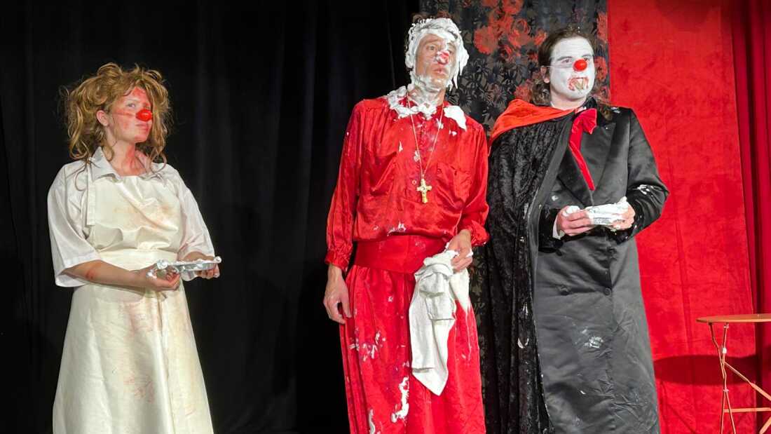 From left: Gaulier students Alayna Perry, Brian Byrne and Joseph Bucci receive feedback on a short skit involving a pie in the face.