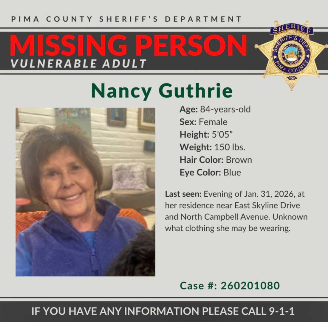 Pima County Sheriff’s Department missing person alert for Nancy Guthrie, which includes her photo, details such as height and weight, and details of when she was last seen.