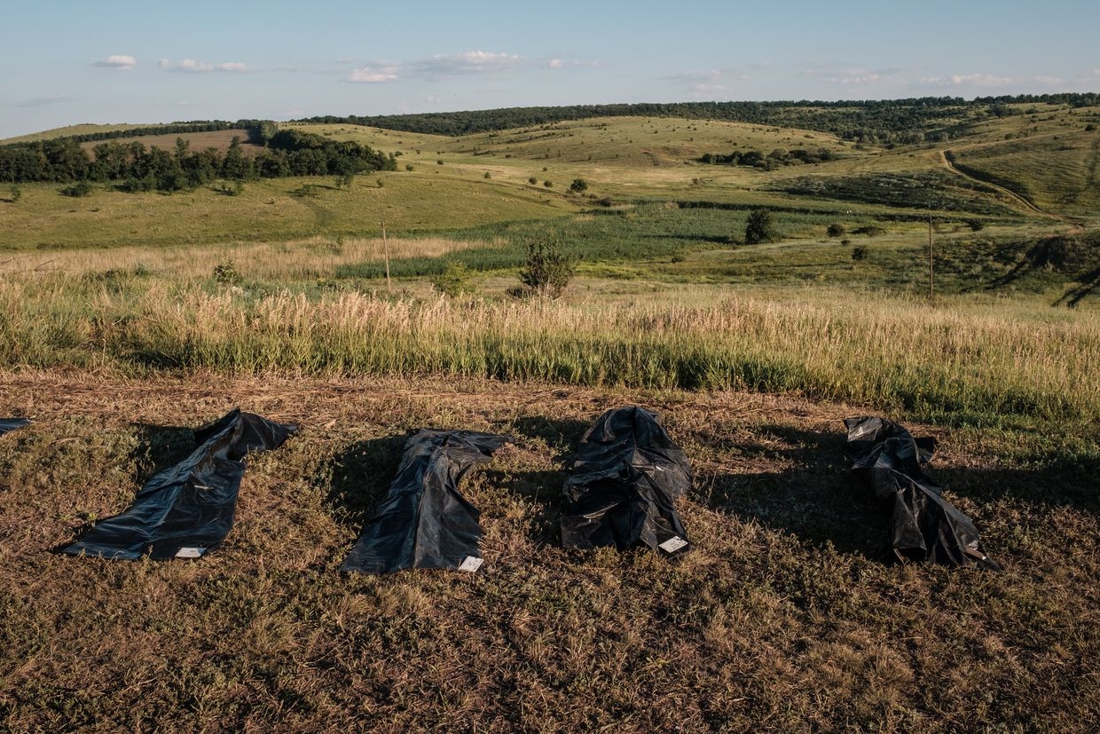 Remains of Russian soldiers found in the Bakhmut battle zone, in Sloviansk, Donetsk Oblast, Ukraine, on June 29, 2024.