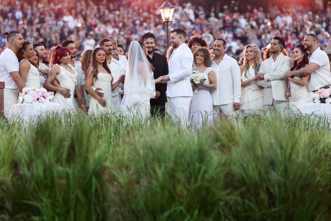 Within the halftime show, an actual wedding took place: A couple that had reportedly invited Bad Bunny to their wedding was instead invited to get married during his concert.