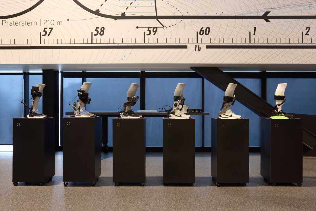Nike’s Project Amplify prototypes are displayed from earliest to latest at the Nike Sport Research Lab in Beaverton, Oregon, on January 13.