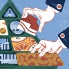 Illustration of hands reorganizing the food pyramid, with a federal building in the background.