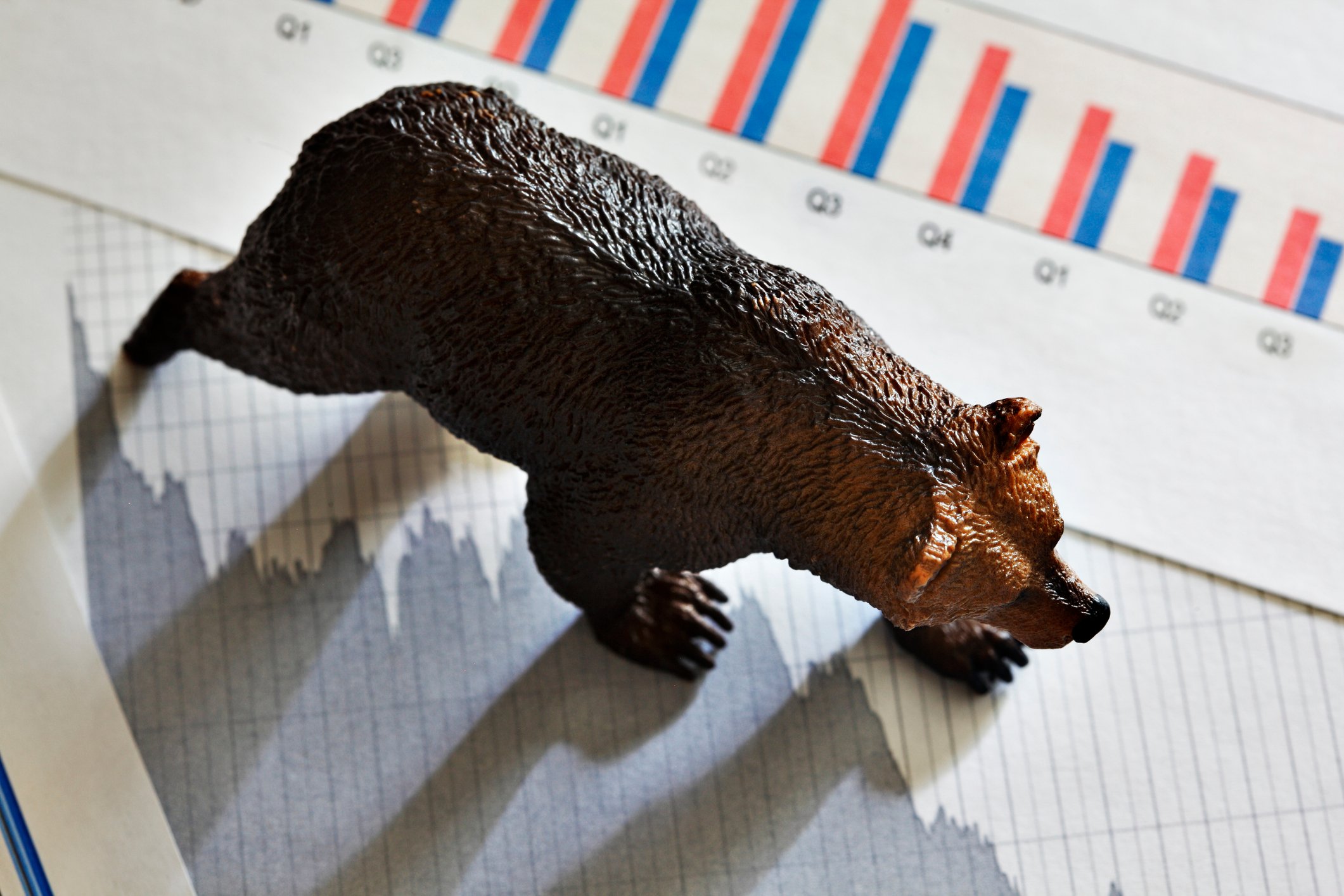 A bear figurine placed atop newspaper clippings depicting a plunging stock chart and a declining quarterly bar chart.