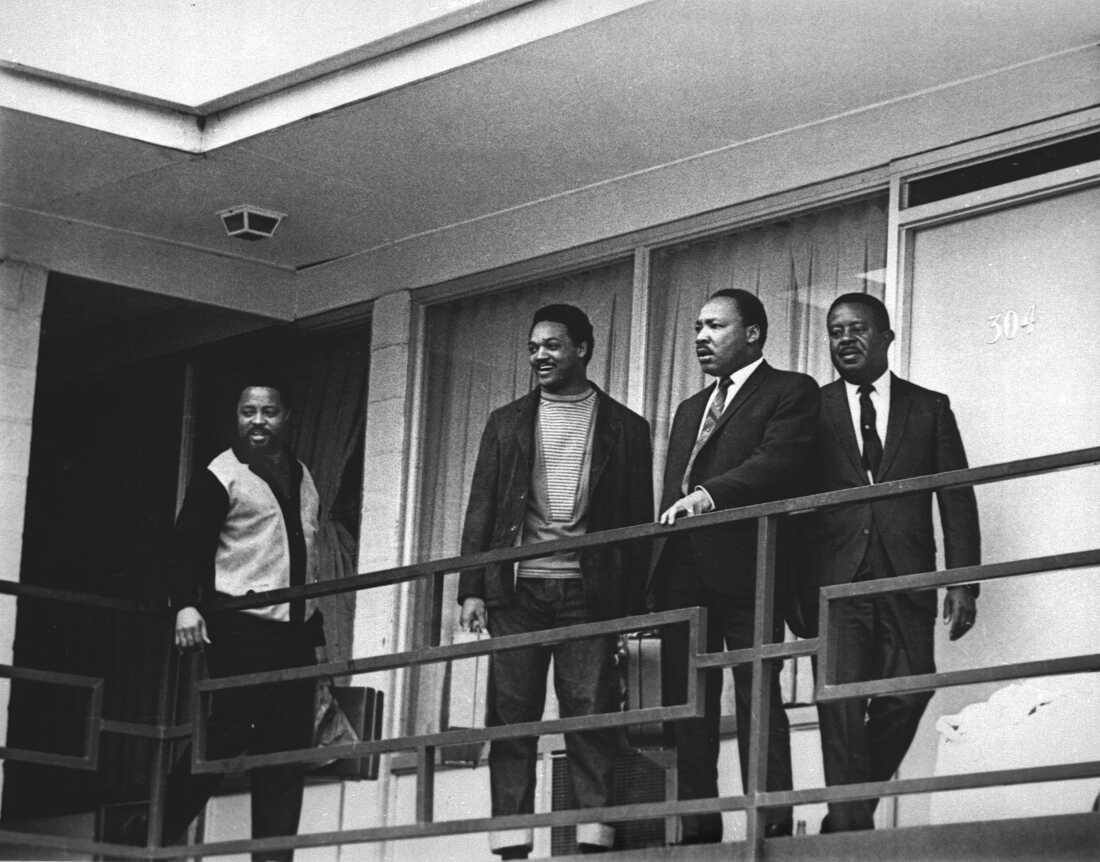 The Rev. Martin Luther King Jr. stands with other civil rights leaders on the balcony of the Lorraine Motel in Memphis, Tenn., on April 3, 1968, a day before he was assassinated at approximately the same place. From left are Hosea Williams, Jesse Jackson, King, and Ralph Abernathy. The 39-year-old Nobel Laureate was the proponent of non-violence in the 1960's American civil rights movement.