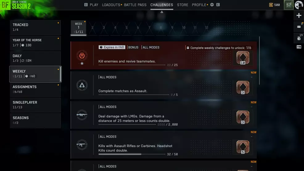 The Weekly Challenges screen in Battlefield 6 Season 2.