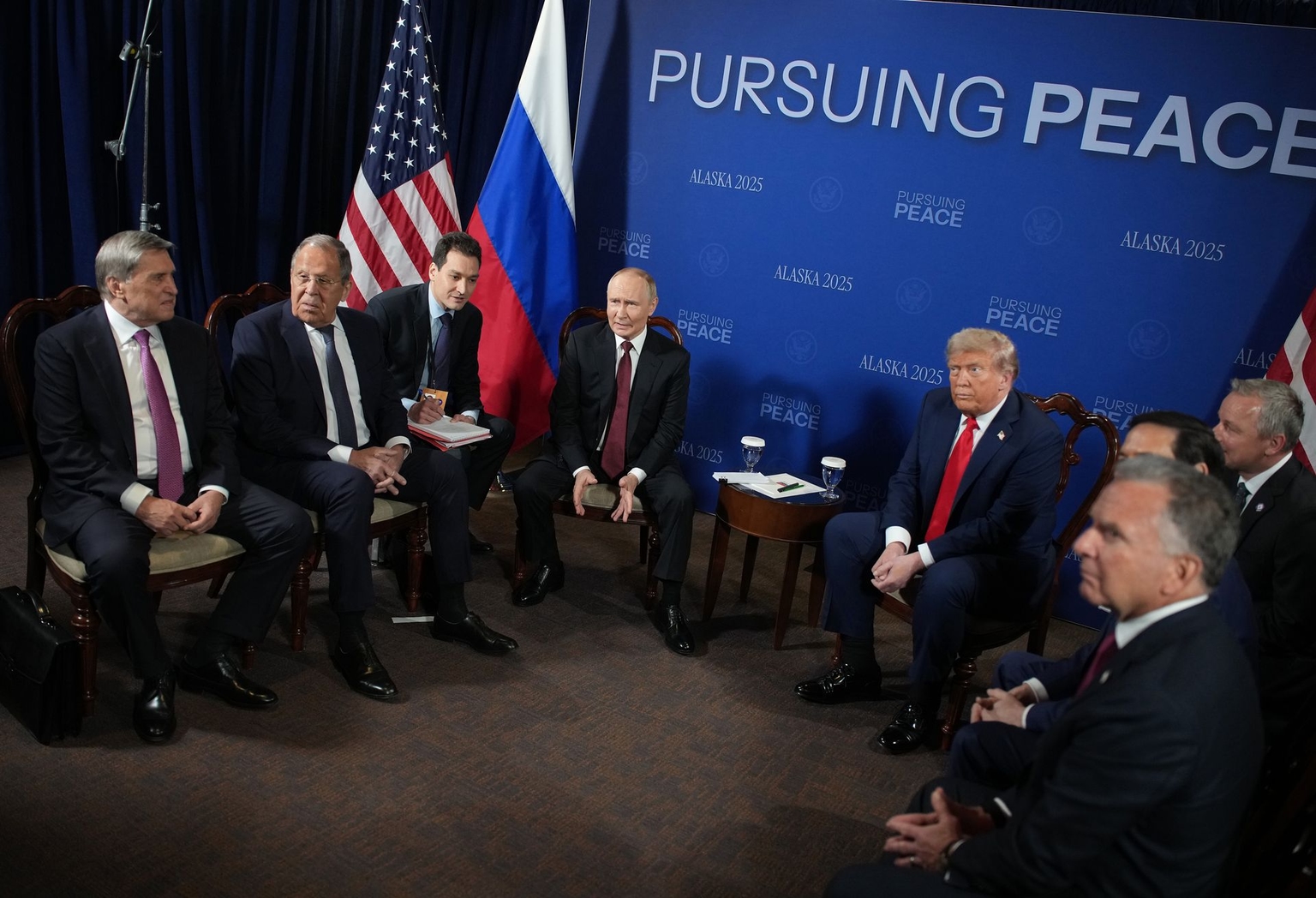 U.S. President Donald Trump (R) and President Vladimir Putin (L) during a meeting at Joint Base Elmendorf-Richardson in Anchorage, Alaska, United States, on Aug. 15, 2025