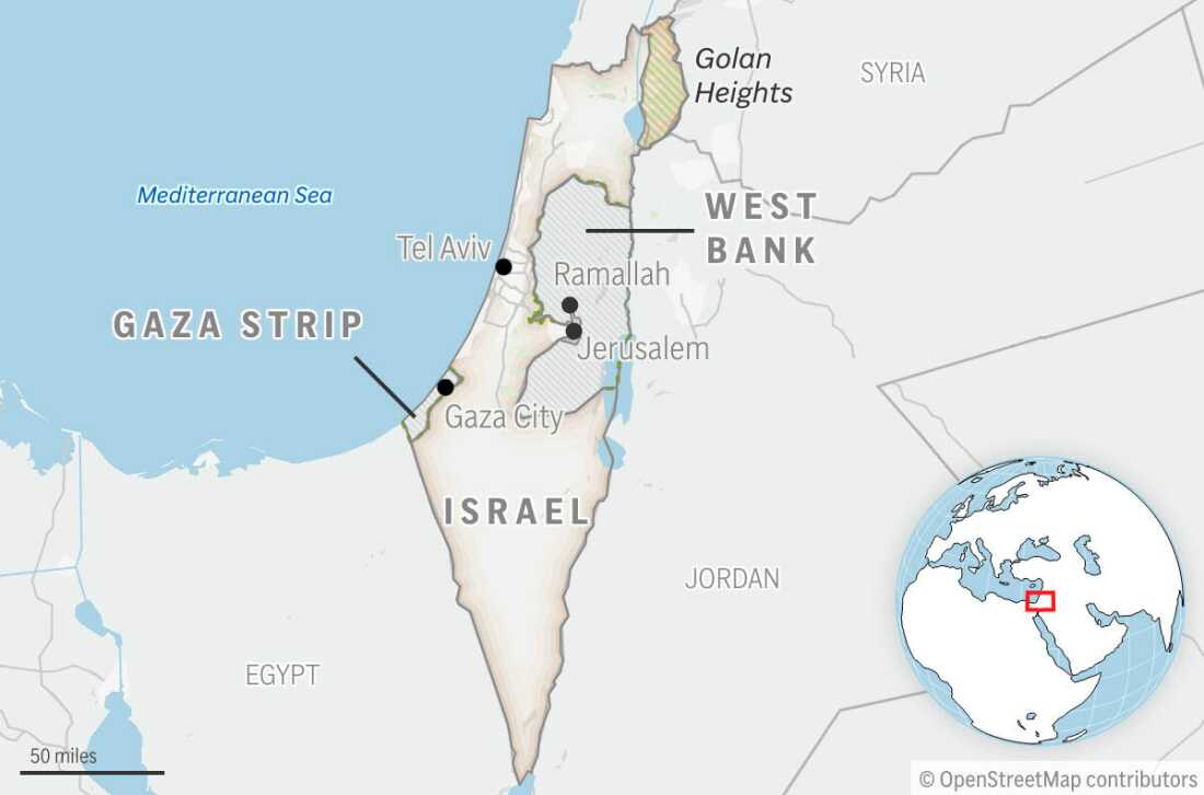 This is a locator map of Israel and the Palestinian Territories.
