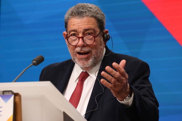 Saint Vincent and Grenadines Prime Minister Ralph Gonsalves talks to journalists during a news conference at the end of the third EU-CELAC summit in Brussels, Belgium, Tuesday, July 18, 2023. (AP Photo/Francois Walschaerts, File)