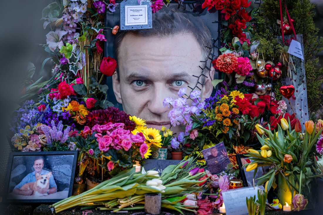 A portrait of late Russian opposition leader Alexei Navalny at a makeshift memorial set up at Amsterdam's Frederiksplein square on February 16 marks two years since his death in prison.