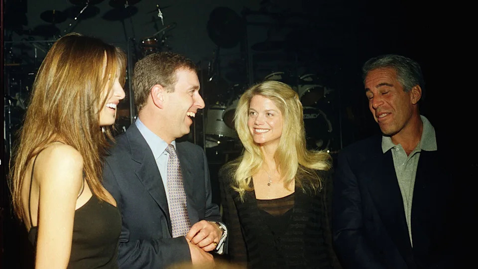 Melania Trump, Prince Andrew, Gwendolyn Beck and Jeffrey Epstein at a party at the Mar-a-Lago club, Palm Beach, Florida, February 12, 2000.