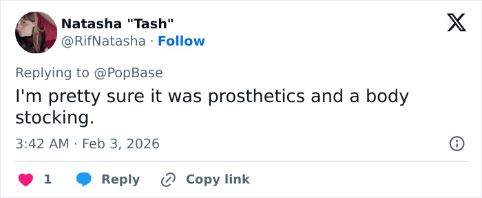 Screenshot of a Twitter reply discussing Chappell Roan’s controversial Grammys look involving prosthetics and a body stocking. Screenshot of a Twitter reply discussing Chappell Roan’s controversial Grammys look involving prosthetics and a body stocking.