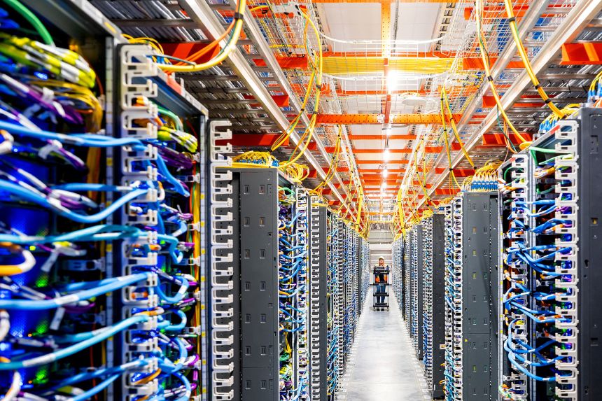 A technician works at an Amazon Web Services AI data center in New Carlisle, Indiana, on October 2, 2025.
