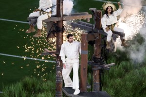 SANTA CLARA, CALIFORNIA - FEBRUARY 08: Bad Bunny performs onstage during the Apple Music Super Bowl LX Halftime Show at Levi's Stadium on February 08, 2026 in Santa Clara, California.