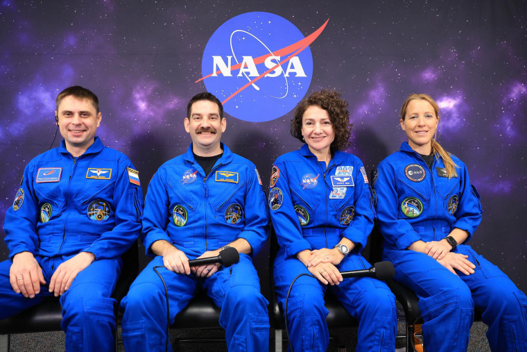 Crew members of NASA’s SpaceX Crew-12 mission, from left to right, Roscosmos cosmonaut Andrey Fedyaev, NASA astronauts Jack Hathaway and Jessica Meir, and ESA (European Space Agency) astronaut Sophie Adenot, participate in a news conference from Astronaut Crew Quarters inside the Neil A. Armstrong Operations and Checkout Building at the agency’s Kennedy Space Center in Florida on Sunday, Feb. 8, 2026. The Crew-12 mission is slated to launch to the International Space Station aboard SpaceX’s Dragon spacecraft atop company’s Falcon 9 rocket from Cape Canaveral Space Force Station’s Space Launch Complex 40 at 6:01 a.m. EST on Wednesday, Feb. 11.