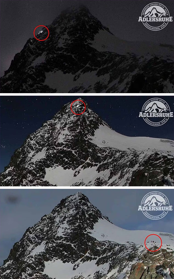 Mountain scene in three views showing climber's location circled, related to climber revealing girlfriend's heartbreaking last words. Mountain scene in three views showing climber's location circled, related to climber revealing girlfriend's heartbreaking last words.