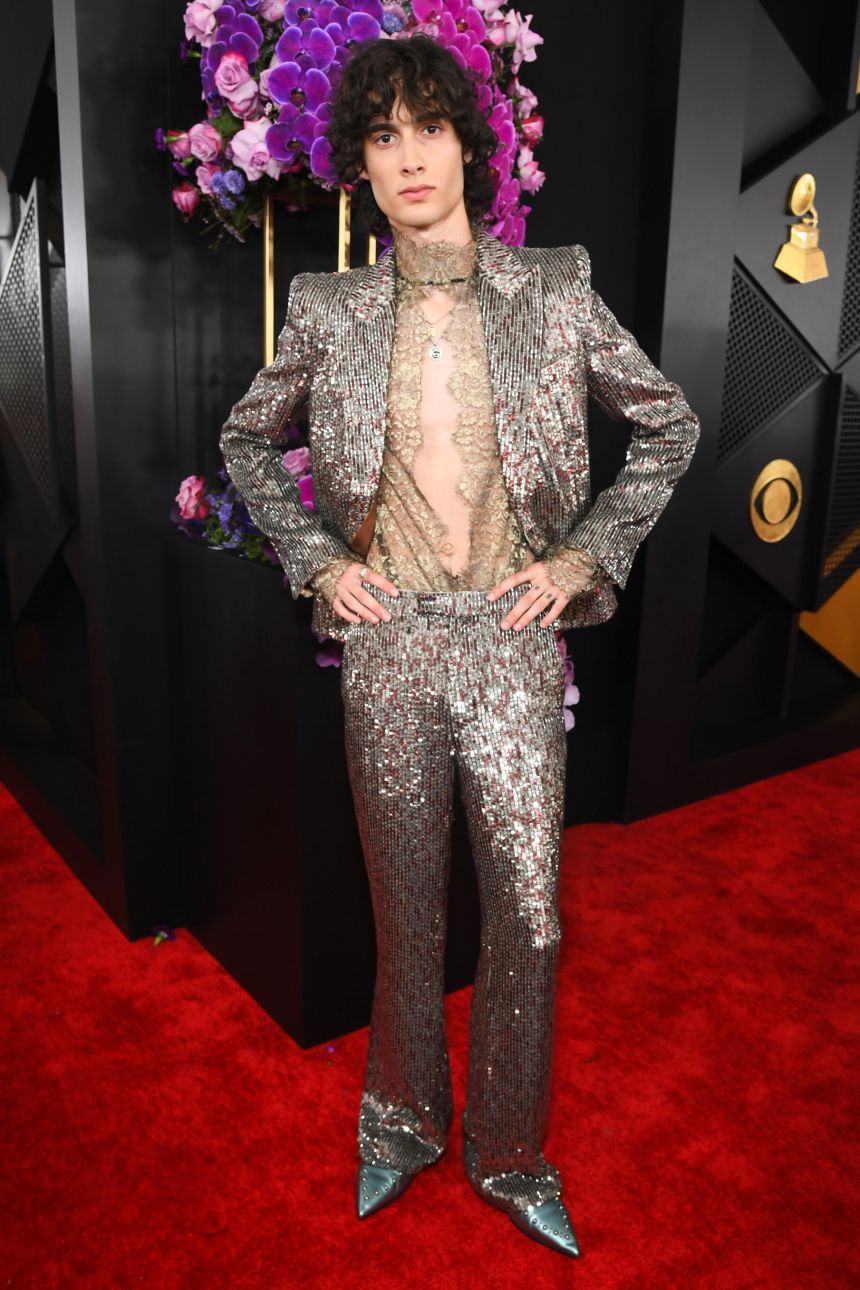 Best New Artist nominee Sombr wore his custom sequined Valentino suit with a revealing lace shirt.