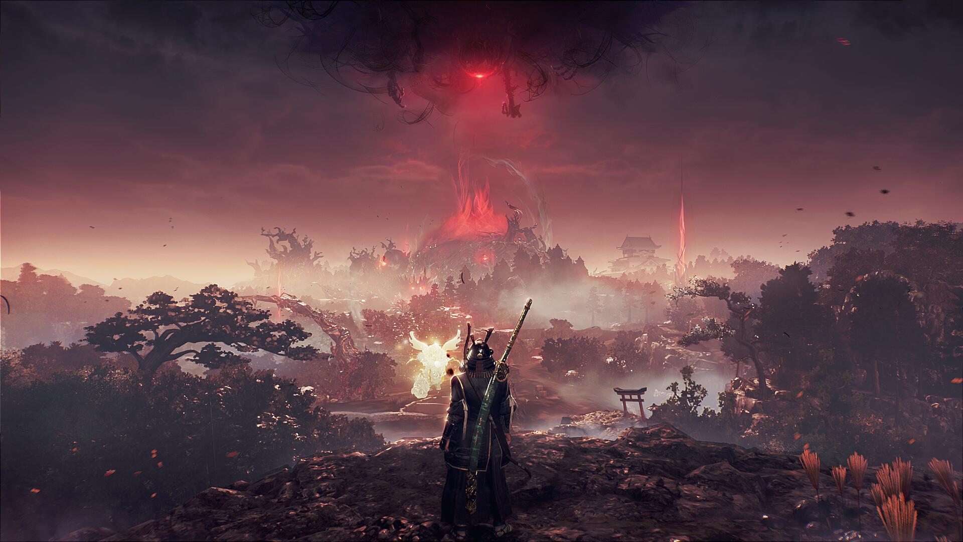 Observing the crucible from a distance in Nioh 3, looking out across an open world