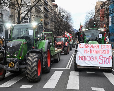 Farmers march with their tractors during a protest against the EU-Mercosur trade deal and the economic pressures facing the agricultural sector in Bilbao, Spain.
