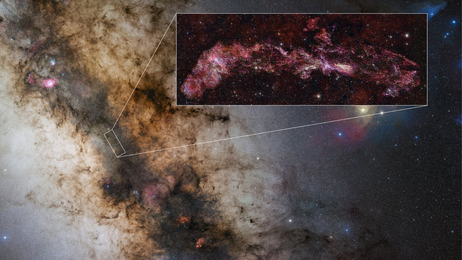 A view of the Milky Way's heart with a boxout showing the enlarged portion that was recently imaged.