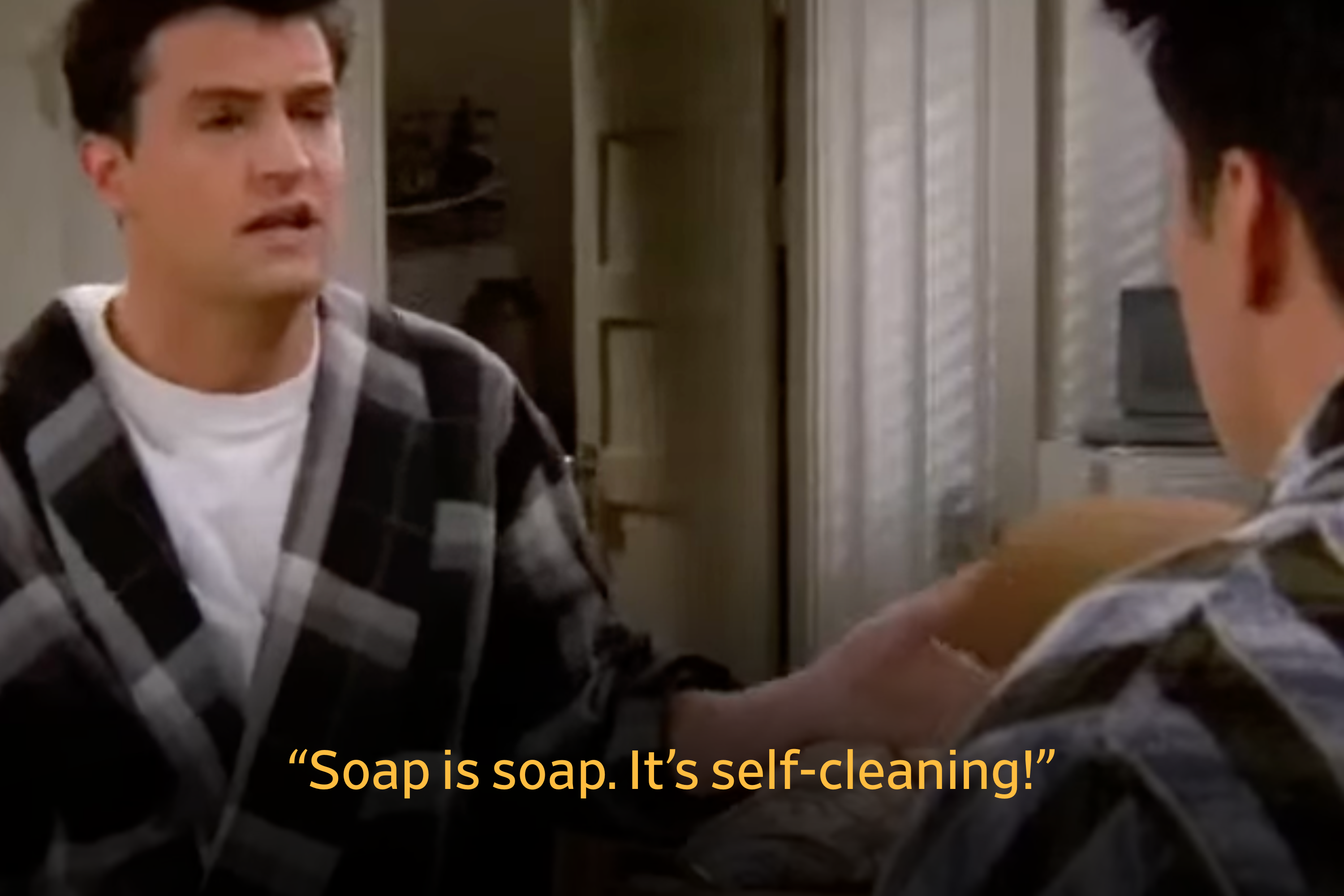 A still from "Friends" of Chandler and Joey, with the caption: "Soap is soap. It's self cleaning!"