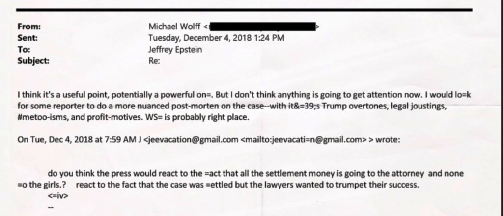 Screenshot of an email from Michael Wolff to Jeffrey Epstein dated December 4, 2018. Wolff discusses potential media coverage of Epstein’s case and suggests a nuanced post-mortem focused on Trump overtones, legal maneuvering and #MeToo.