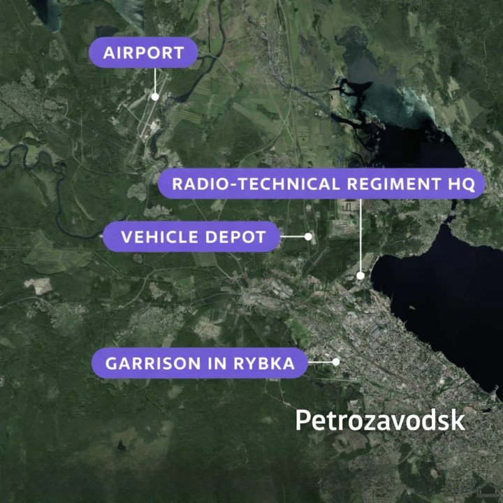 Satellite map of Petrozavodsk showing key Russian military installations. (Photo: Juha Rissanen / Yle) Satellite map of Petrozavodsk showing key Russian military installations. (Photo: Juha Rissanen / Yle)