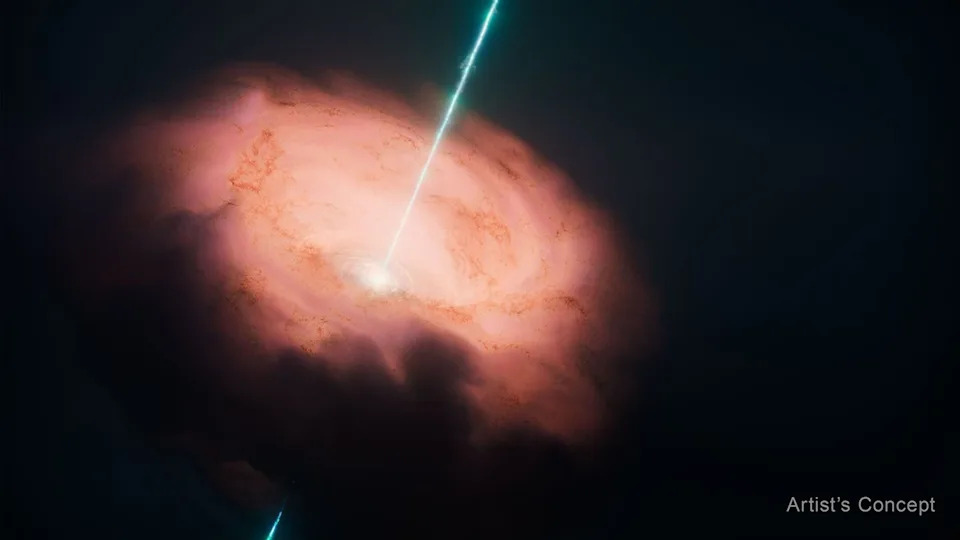 An illustration of a black hole erupting a jet of energy
