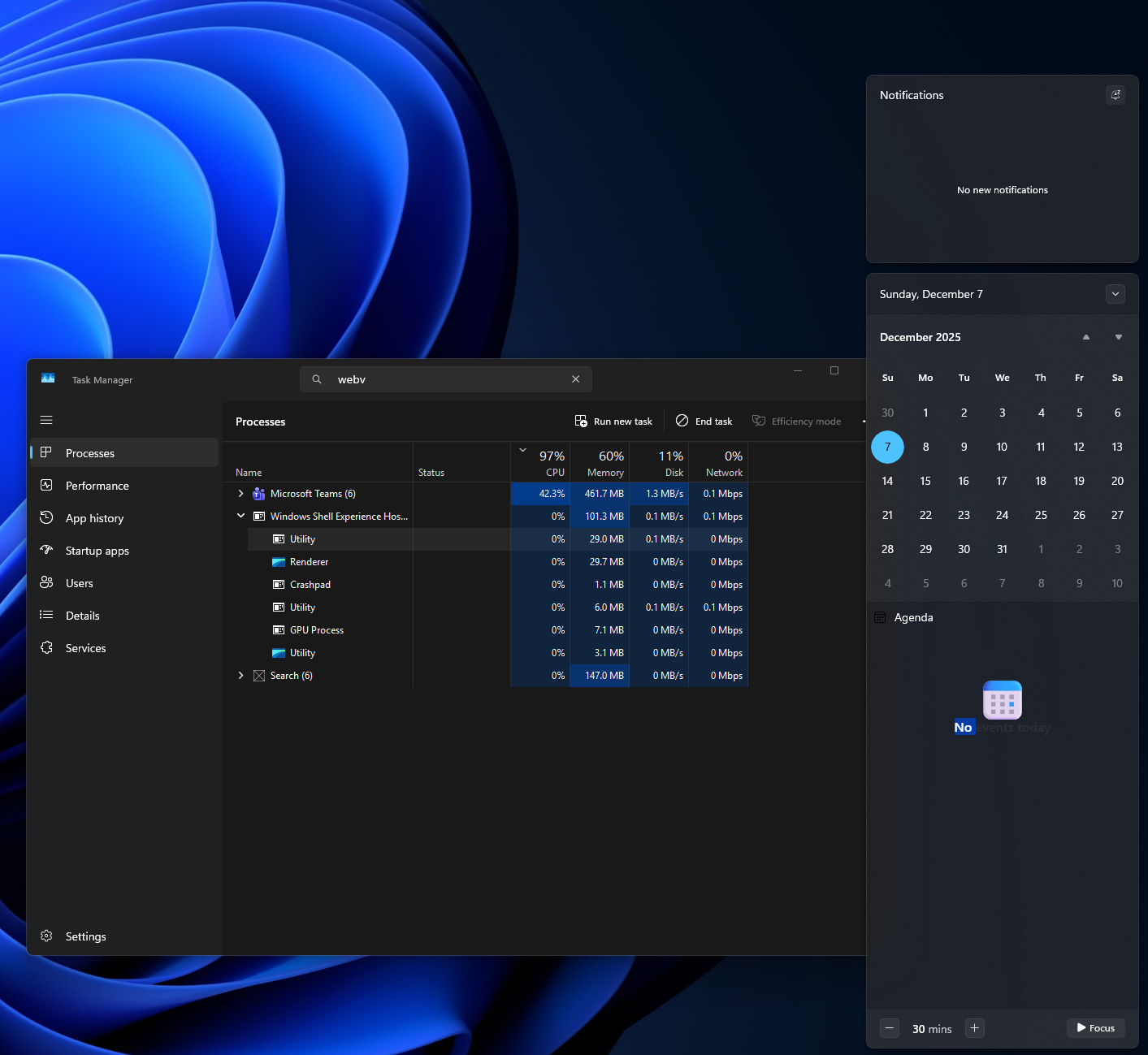 Agenda in Notification panel uses WebView2 even though it is a part of the OS itself