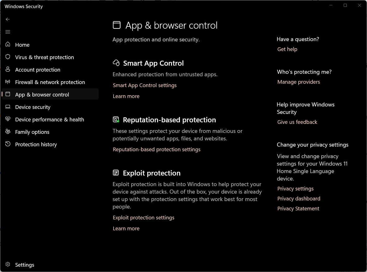 App and browser control in Windows Security