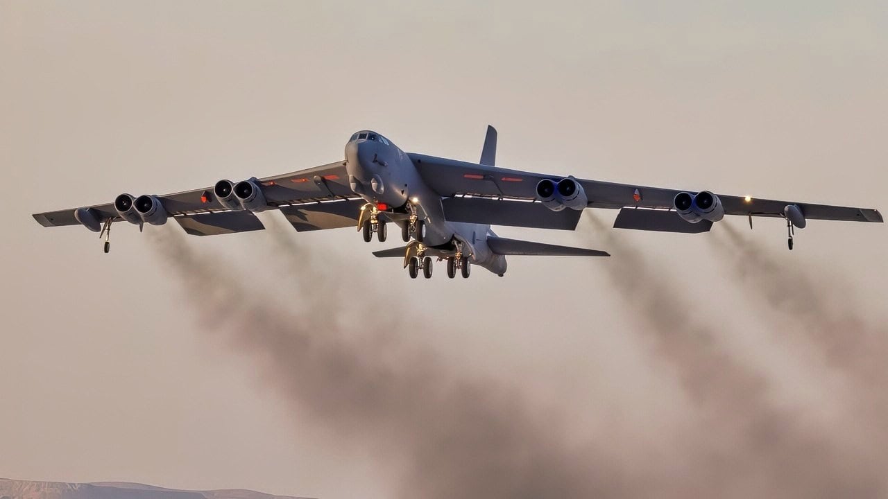 A modified B-52H Stratofortress departs Edwards Air Force Base for an evening training mission on June 25, 2025. The aircraft is assigned to the 419th Flight Test Squadron, Global Power Bombers Combined Test Force, tasked with supporting developmental testing across the B-52, B-1, and B-2 bomber portfolio. Along with most 412th Test Wing aircraft, B-52H bombers at Edwards include special instrumentation to conduct a variety of testing activities. (Air Force photo by Chase Kohler)