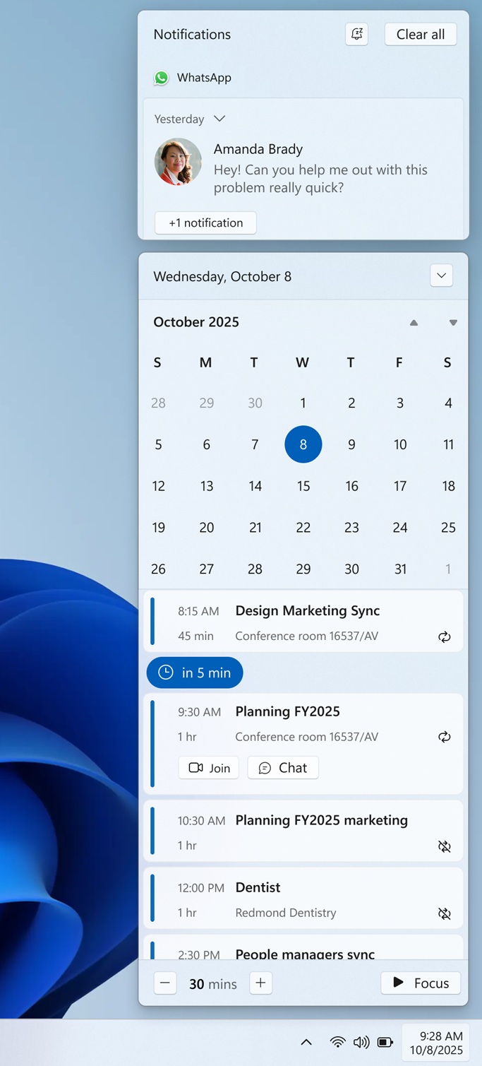 Calendar Agenda in Windows 11 Notification Center