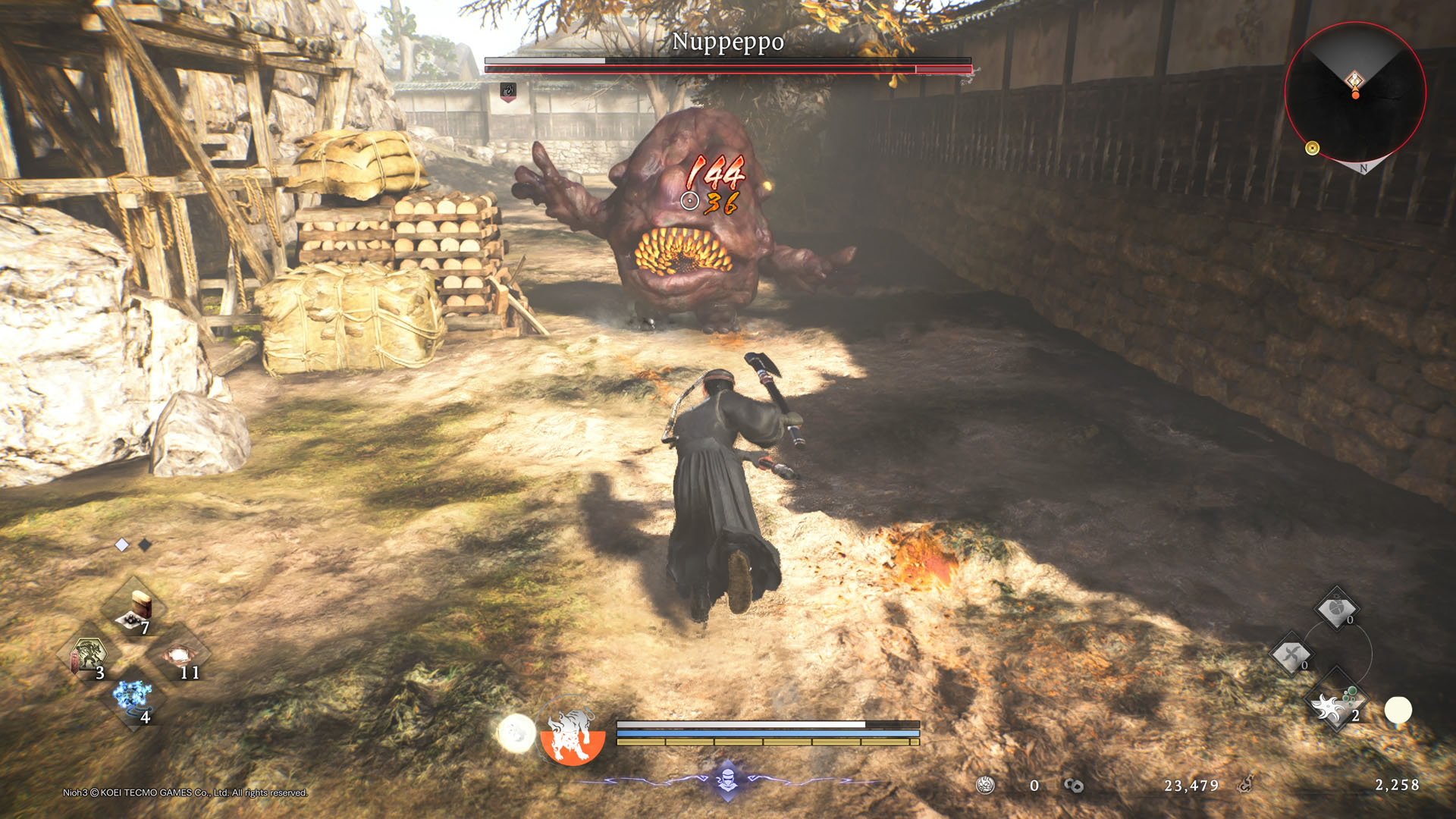 The player sprints towards a demon yokai in Nioh 3 that's lumpy with loads of teeth