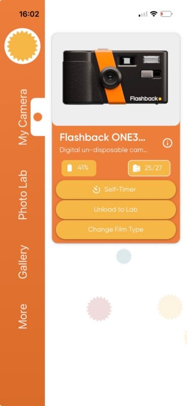 A mobile app screen shows a digital camera named "Flashback ONE3" with battery at 41% and 25/27 photos taken. Menu options include Self-Timer, Unload to Lab, and Change Film Type. Navigation tabs are on the left.