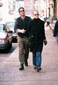 (Original Caption) : 10/18/1997-New York, NY: John F. Kennedy Jr. walks along a New York City street with wife Carolyn Bessette.   (Photo by Mitchell Gerber/Corbis/VCG via Getty Images)