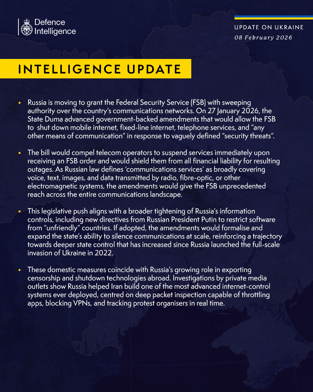 Russia is moving to grant the Federal Security Service (FSB) with sweeping authority over the country’s communications networks. On 27 January 2026, the State Duma advanced government-backed amendments that would allow the FSB to shut down mobile internet, fixed-line internet, telephone services, and “any other means of communication” in response to vaguely defined “security threats”.The bill would compel telecom operators to suspend services immediately upon receiving an FSB order and would shield them from all financial liability for resulting outages. As Russian law defines ‘communications services’ as broadly covering voice, text, images, and data transmitted by radio, fibre-optic, or other electromagnetic systems, the amendments would give the FSB unprecedented reach across the entire communications landscape.This legislative push aligns with a broader tightening of Russia’s information controls, including new directives from Russian President Putin to restrict software...
