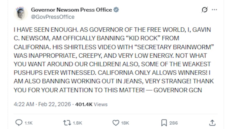 Newsom has taken aim at Kid Rock's pushups and working out in jeans.