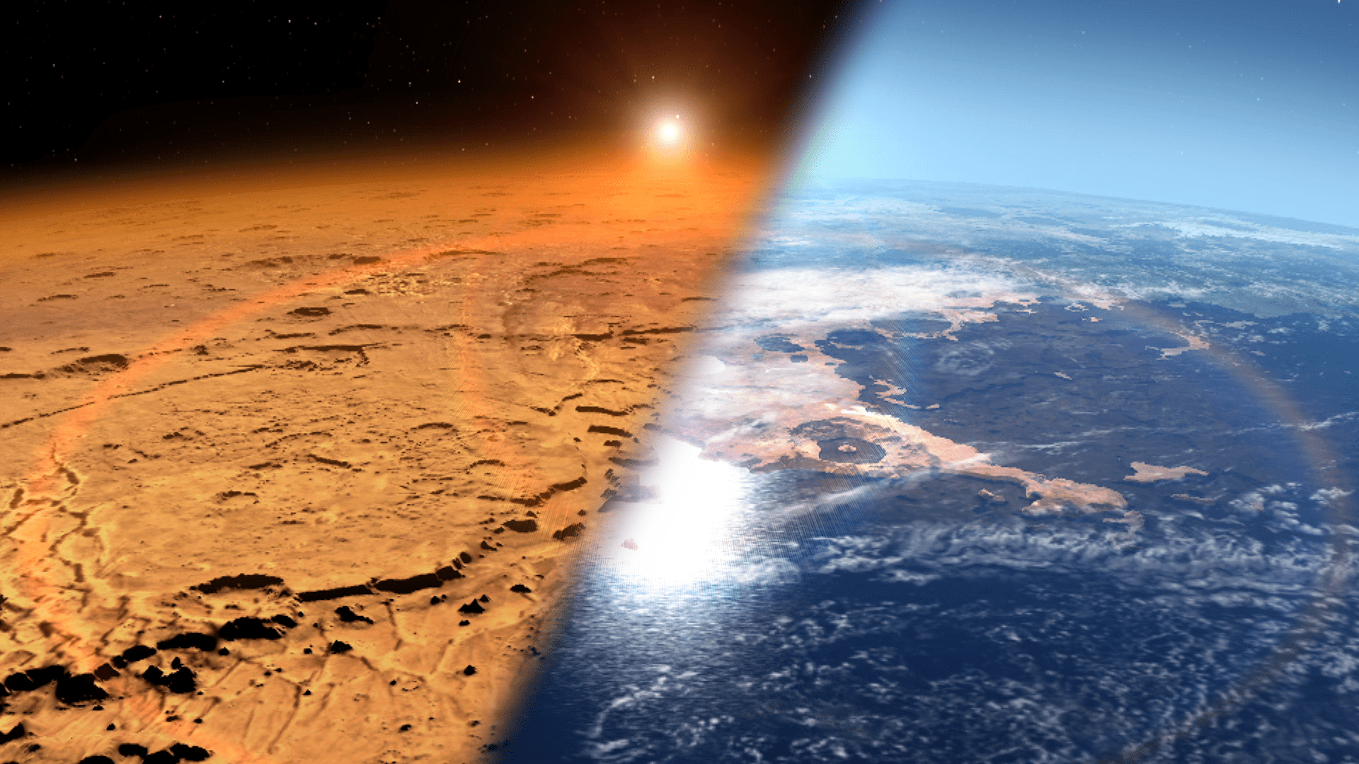 A split view showing the surface of Mars on the left and Earth on the right, with the sun rising in the background above the horizon.