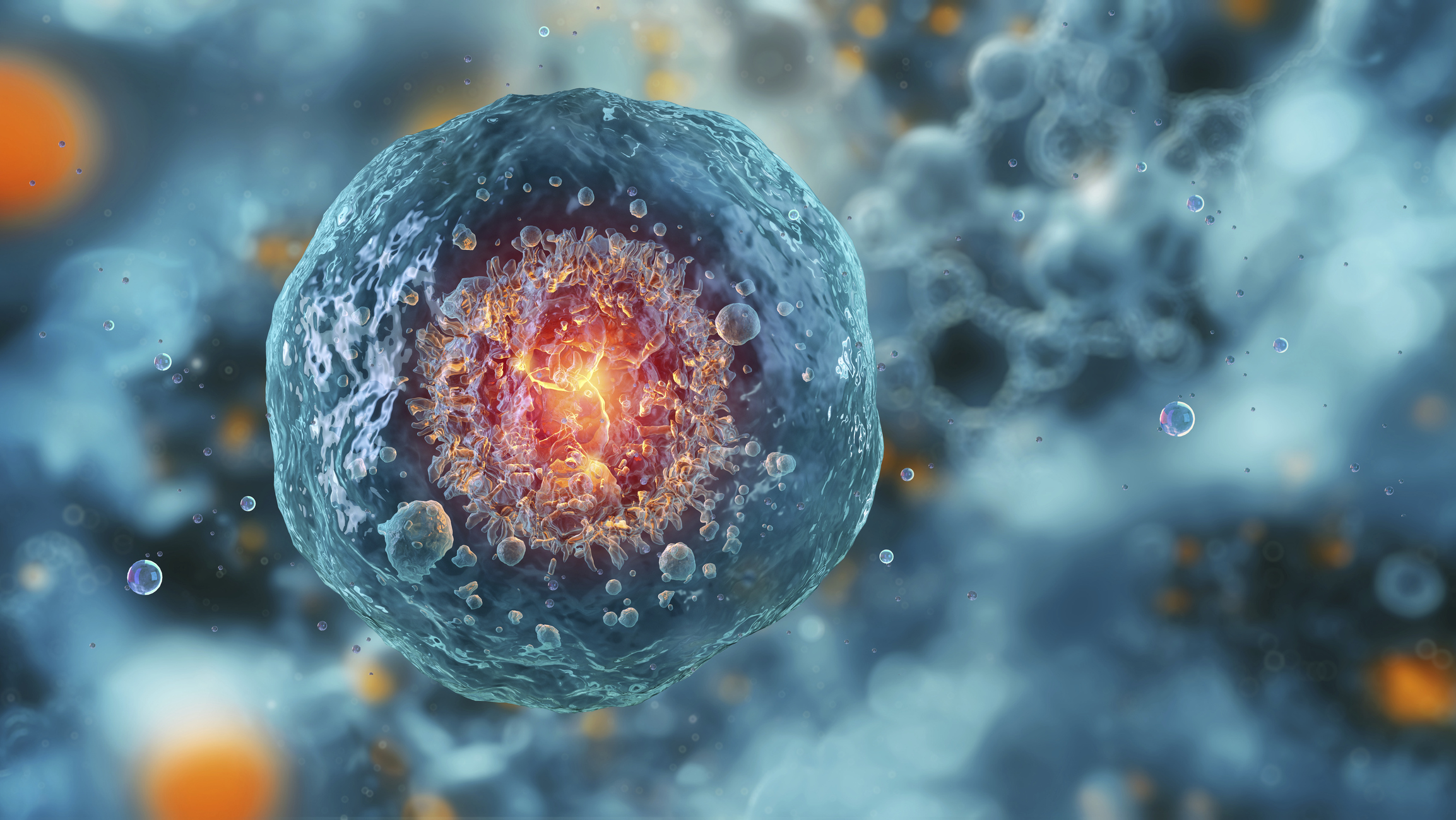 An illustration of a blue sphere with a glowing red and orange core, with bubbles surrounding it and a blue blurry background behind it.